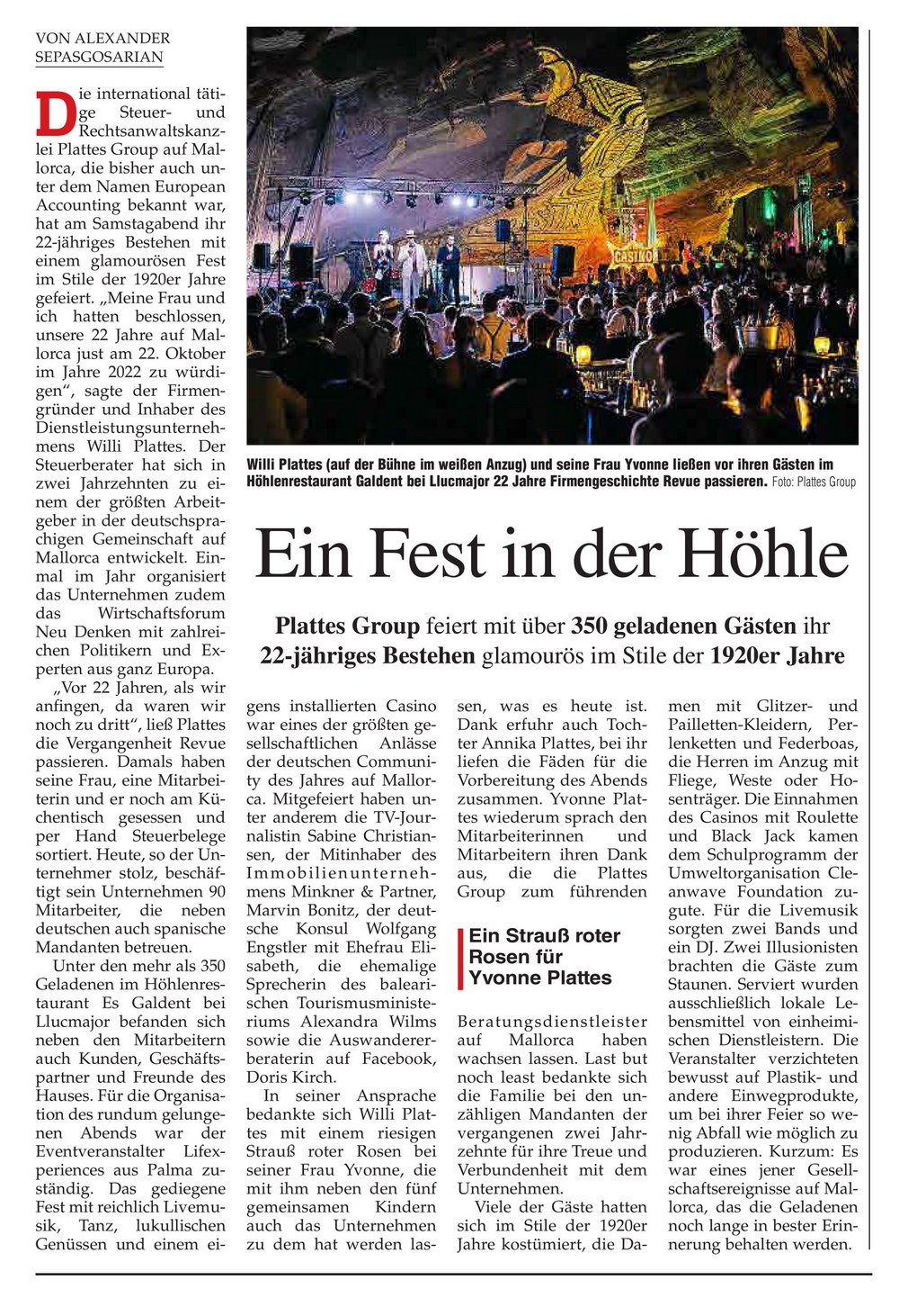 Zeitungsausschnitt der Mallorca Zeitung mit dem Titel „Ein Fest in der Höhle"