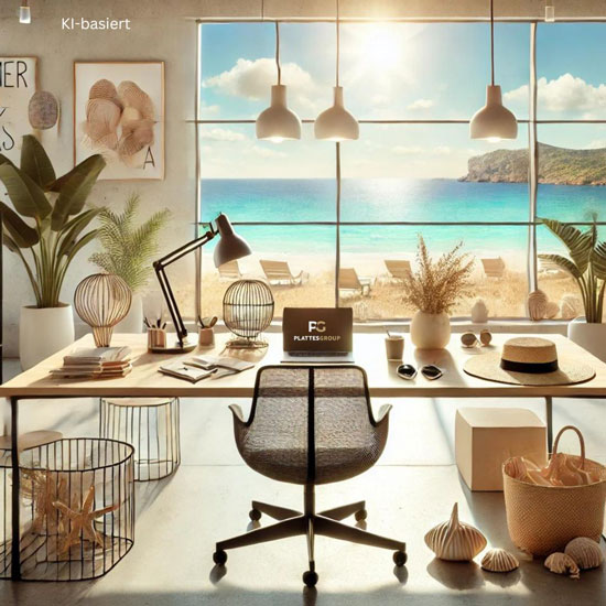 Ein leerer Schreibtischplatz, dahinter dann ein großes Fenster mit Blick auf das Meer