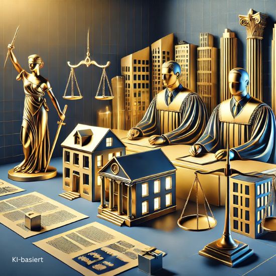 Ein Gerichtssaal des spanischen Obersten Gerichtshofs mit stilisierten Richterfiguren in ernster Pose. Im Vordergrund stilisierte Dokumente sowie Gebäude-Silhouetten, die für Immobilien stehen. Eine Waage der Gerechtigkeit hält auf der einen Seite eine Immobilie, auf der anderen Seite ein Dokument.