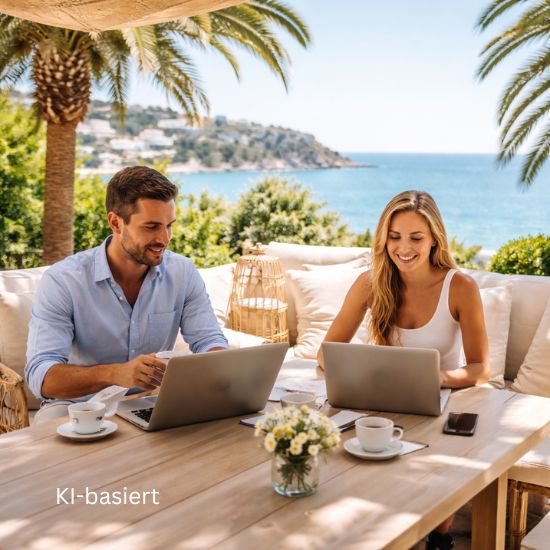 KI-Illustration junges Paar arbeitet auf Mallorca an Laptops
