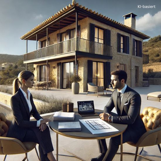 2 Personen an  einem Tisch, im Hintergrund ein Haus