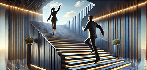 Treppe Himmel Aufstieg Karriere Mann und Frau laufen die Treppe hinauf