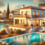 KI erstelltes Bild von einer Ville mit Pool am Wasser