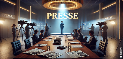Ki-erzeugtes Bild eines Pressestudios. Zu sehen sind einige Kameras und ein Schatten einer Person vor dem goldenen Schriftzug "PRESSE"